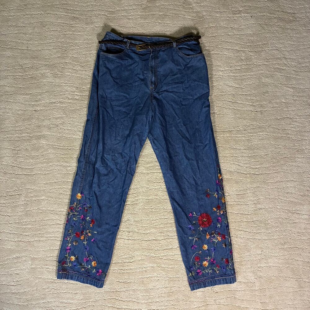 Vintage Chicos Women 2 Boho Floral Embroidered Beaded Whimsical Jeans Wide Leg